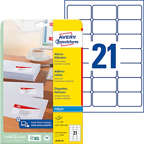A pack of Avery Zweckform address labels next to a sheet of labels. Product information is on the pack.