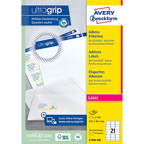 A pack of address labels from Avery Zweckform, white, with blue and yellow lettering.