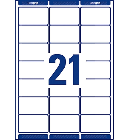 Sheet of 21 rectangular labels, blue borders, with large blue number 21 in the center.