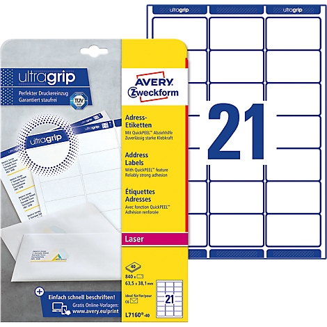 A package of address labels labeled "ultragrip" and "AVERY Zweckform", next to a sheet of 21 labels.