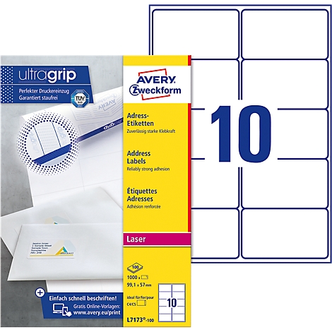A pack of Avery Zweckform address labels next to a sheet of 10 labels.