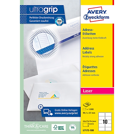 A package of Avery Zweckform address labels. The background is white, with blue and yellow accents, text: 'ultragrip', 'Adress-Etiketten', 'Laser'.