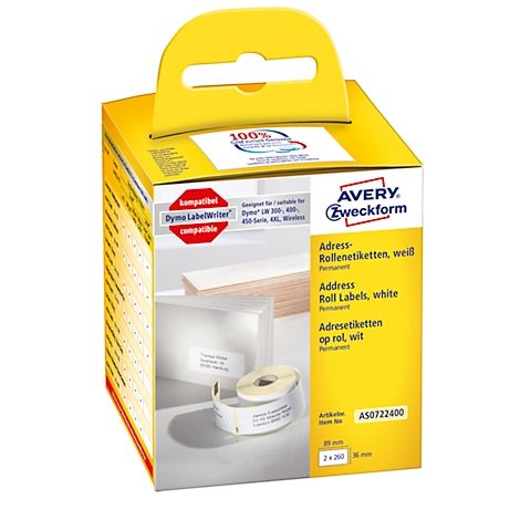 Yellow packaging with white roll labels. Inscription: Avery Zweckform. Labels with print and product information.