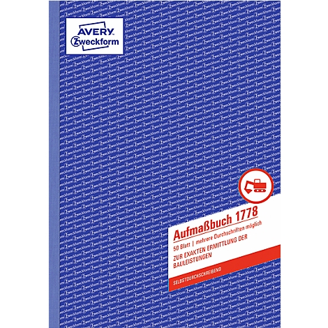 Blaues Aufmaßbuch mit rotem und weißem Text. Oben links Avery Zweckform Logo. Aufschrift: Aufmaßbuch 1778, 50 Blatt zur exakten Ermittlung der Bauleistungen.
