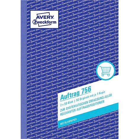 Blau-weißes Notizbuch mit Logo 'Avery Zweckform' und Aufschrift 'Auftrag 756'. Ein Einkaufswagen Symbol ist abgebildet.