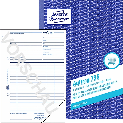 Blauer Block "Auftrag 756" von Avery Zweckform. Vordruck mit blauem Papier und Platz für Bestellinformationen.
