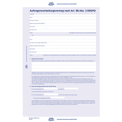Ein weißes Dokument mit blauen Überschriften. Es handelt sich um einen Auftragsverarbeitungsvertrag nach Art. 28 Abs. 3 DSGVO.