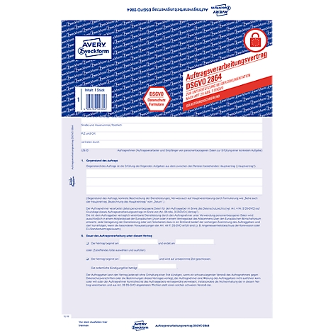 Blau-weißes Vertragsformular von Avery Zweckform. Der Titel lautet "Auftragsverarbeitungsvertrag DSGVO 2864".