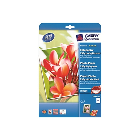 Verpackung von Avery Zweckform hochglänzendem Fotopapier mit Blumenmotiv.