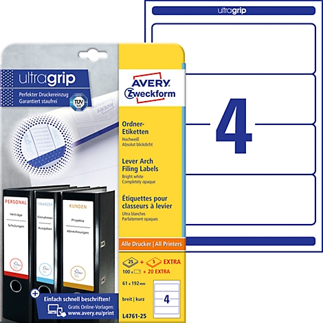 A package of Avery Zweckform folder labels, next to it a sheet with 4 labels. The package says: ultragrip, folder labels, 4.