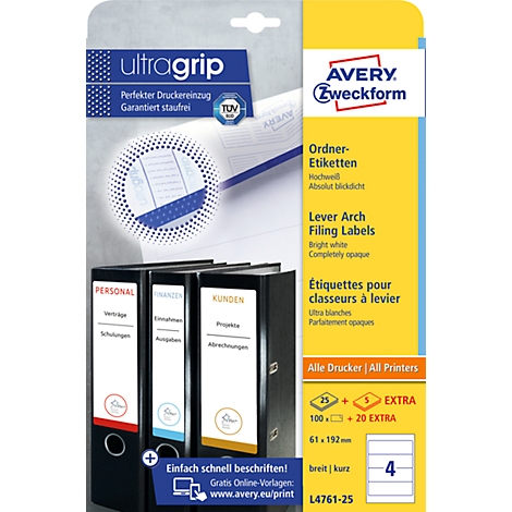 Packaging of Avery Zweckform file folder labels with file folders in the background.