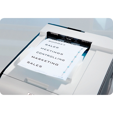 White printer printing a sheet with the words Budget, Sales, Meetings, Controlling, Marketing, Sales.