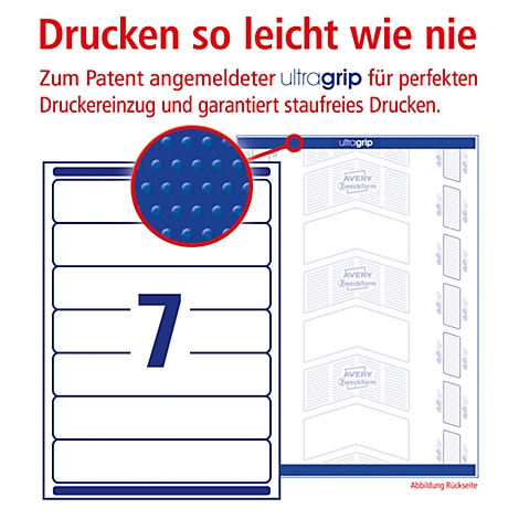 Labels with the number 7, detail of the ultragrip surface in blue, text: Printing so easy as never before.