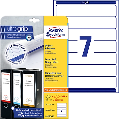 Pack of binder labels with the number 7 and labeled binders. Inscription: Avery Zweckform, ultragrip.