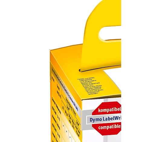 Yellow packaging with handle. Text: Dymo LabelWriter compatible. More lettering is recognizable.