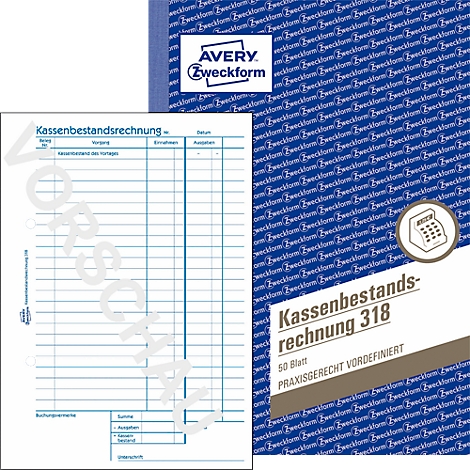 A cash book by Avery Zweckform. On the left, the open book with blue grid lines. On the right, the closed book with print.