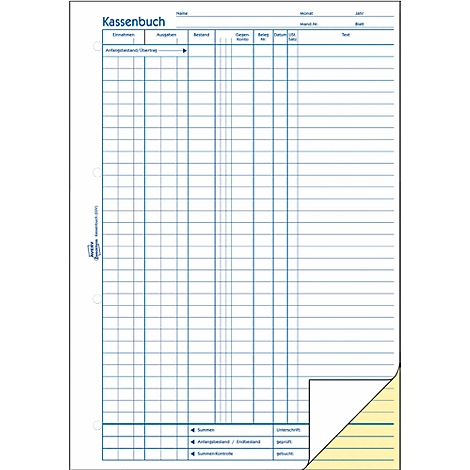 A blank cash book with grid lines and columns for entries. At the top it says "Kassenbuch".