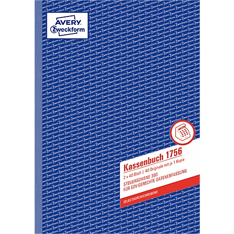 Blue cash book with the imprint 'Kassenbuch 1756' and 'AVERY Zweckform'.