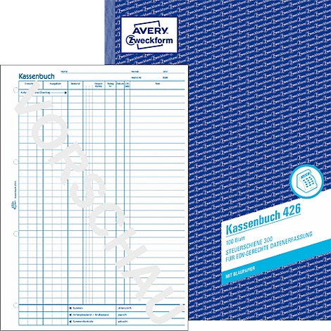 A blue cash book from Avery Zweckform, open and partially described.