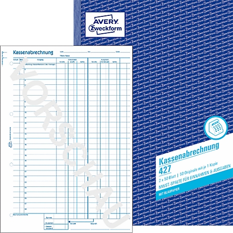 Cash account from Avery Zweckform. Blue checkered template with blue cover, with prints and logo.
