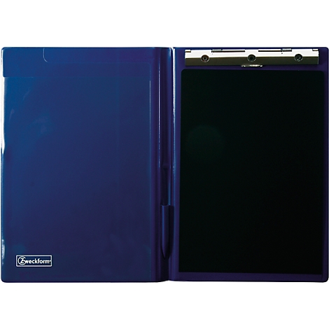 Blue clipboard, open, with silver clip and "Zweckform" print.