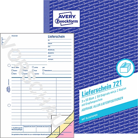 On a white background, a block and a notepad from Avery Zweckform. The block says "Lieferschein 721". The notepad is blue.