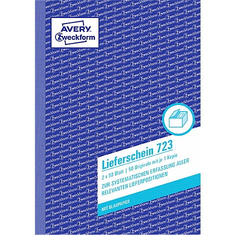 Blue Avery Zweckform form. Logo in the upper left corner, product information below. Title: Lieferschein 723.