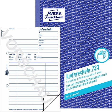 A white delivery note booklet with blue elements, partially lying on a surface. The title reads "Lieferschein".