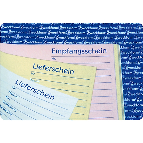 Close-up of receipts and delivery notes. Blue logo, pink, yellow, and white notepads.