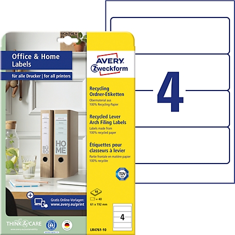 Avery® Zweckform Étiquettes de classeur LR4761, pour classeur large (court), adaptées à l'imprimante, papier recyclé, rectangulaires, blanc naturel, 40 pièces sur 10 feuilles
