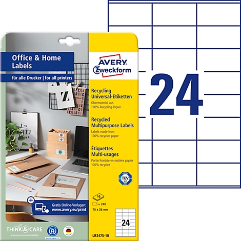Avery® Zweckform Étiquettes LR3475-10, A4, universelles, adhésives permanentes, adaptées à l'imprimante, papier recyclé, rectangulaires, blanc naturel, 240 pièces sur 10 feuilles