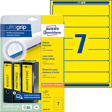 AVERY® Zweckform Étiquettes pour classeur à levier, couleur, L4765-20, 38 x 192 mm, 140 étiquettes/paquet, jaune