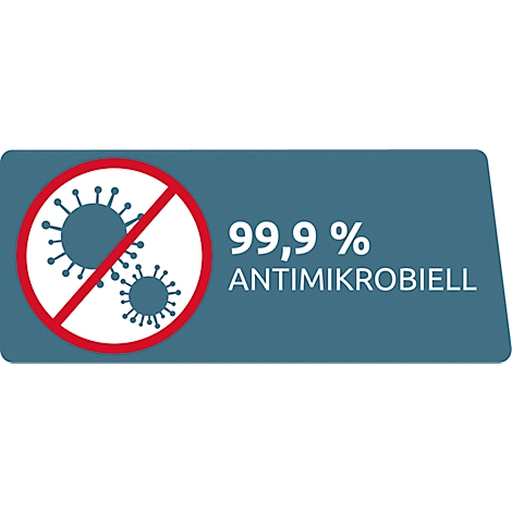 L'image montre un cercle avec un virus barré. En dessous, il est écrit "99,9% antimicrobien".