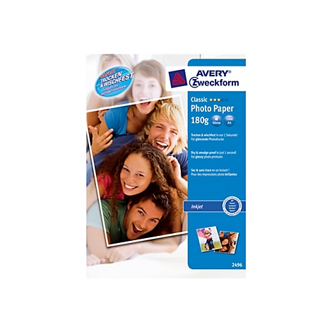 Produktverpackung von Avery Zweckform Fotopapier, 180g, glänzend, A4, mit lachenden jungen Leuten auf dem Bild.