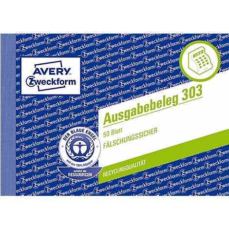 Blue Avery Zweckform notepad. Issue blocks, 50 sheets, forgery-proof. "Der Blaue Engel" logo.