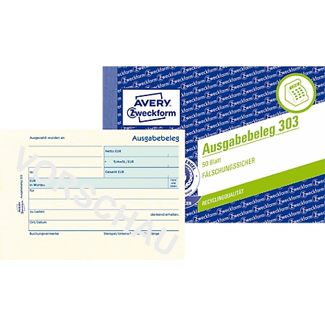 Avery Zweckform receipts. Text: "Ausgabebeleg 303", "50 Blatt falsification-proof".