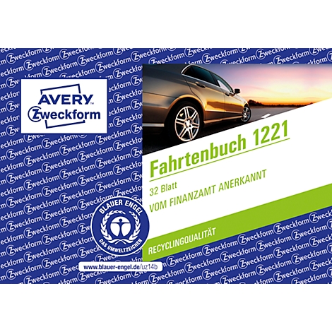 Ein weißes Fahrtenbuch 1221 mit grünem Streifen und Auto-Grafik. Logos von Avery-Zweckform, Blauer Engel.