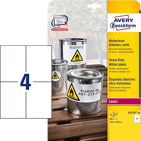 Labels from Avery Zweckform, printed with warning symbols on cans. Print: waterproof labels.