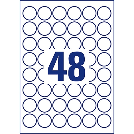 Sheet of 48 white, round labels with a blue border. In the center is the blue number 48.