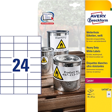 Three metal containers with labels are seen against a wooden background. Next to it, a sheet of labels with the number 24. On the right is product packaging.
