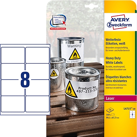 White labels next to metal containers with warning symbols.