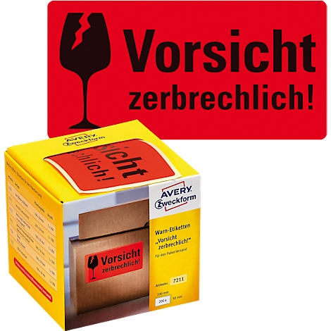 Yellow box with red label "Handle with care fragile!". Above is a red warning sign with a broken glass.