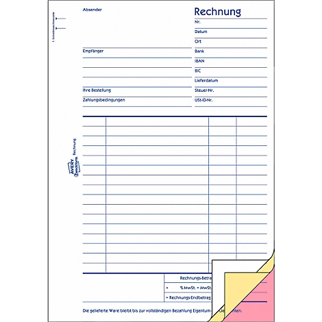A blank, grid-lined invoice form with a blue border and headings such as 'Invoice' and 'Sender'. Data fields are on the right, the AVERY Zweckform logo on the left.