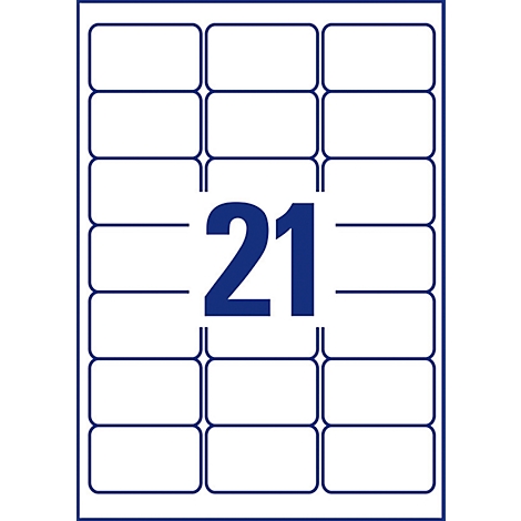 Ein Blatt mit 21 rechteckigen Etiketten, umrandet von blauem Rahmen, mit großer blauer "21" in der Mitte.