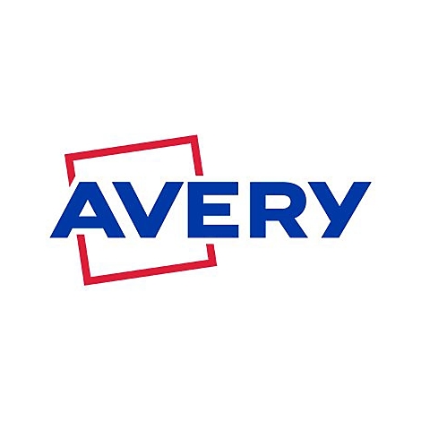 Blaues Logo der Marke Avery mit einem leicht geneigten roten Quadrat.