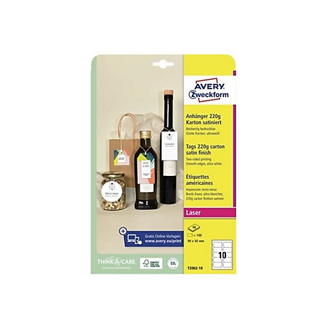 Verpackung für Avery Zweckform Anhänger aus 220g satiniertem Karton mit Anwendungsbeispielen auf Flaschen.