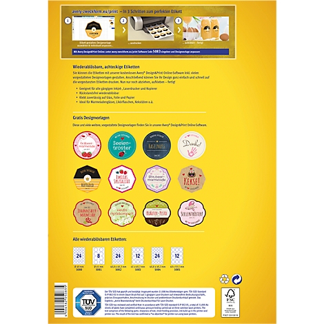 Eine gelbe Verpackung mit vorgedruckten Etiketten, Designvorlagen und Produktinformationen. Auf der Verpackung sind verschiedene Etikettendesigns abgebildet.