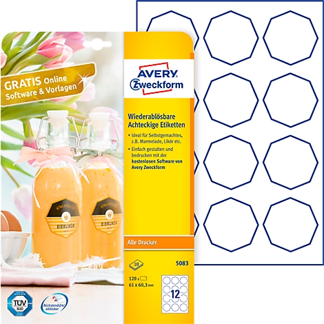 Etiketten mit leuchtend gelbem Rahmen. Daneben eine Packung mit Etiketten und zwei Flaschen mit gelbem Getränk.