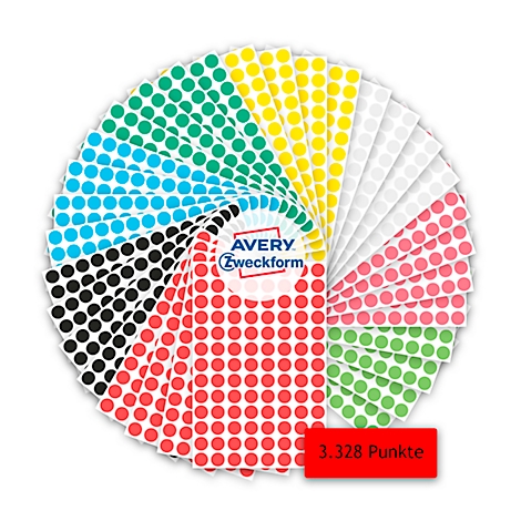Buntes Sortiment an runden Etiketten. Geordnet nach Farben, darunter blau, grün, gelb, rot, rosa und weiß. Auf rotem Feld: 3.328 Punkte.