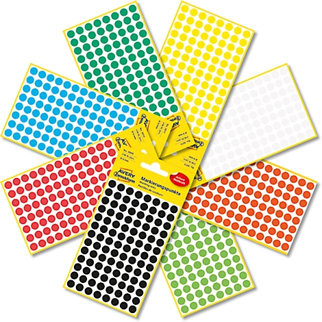 Verschiedene Farben von Markierungspunkten auf Blättern, einige mit Produktverpackung. Der Aufdruck lautet 'AVERY Zweckform'.